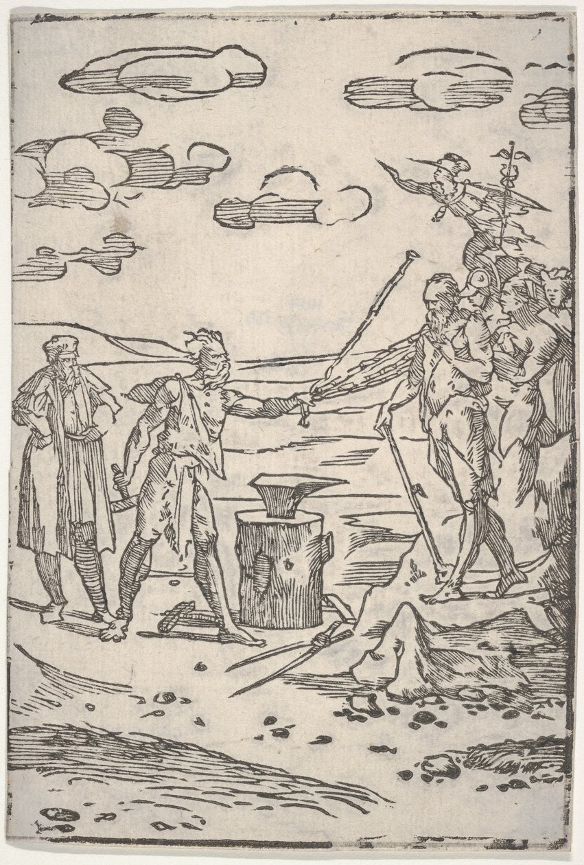 Der Fälscher steht neben einem Amboss und zieht einen Mann in Ketten, aus "Die verschiedenen Operationen der Alchemie" von Domenico Beccafumi