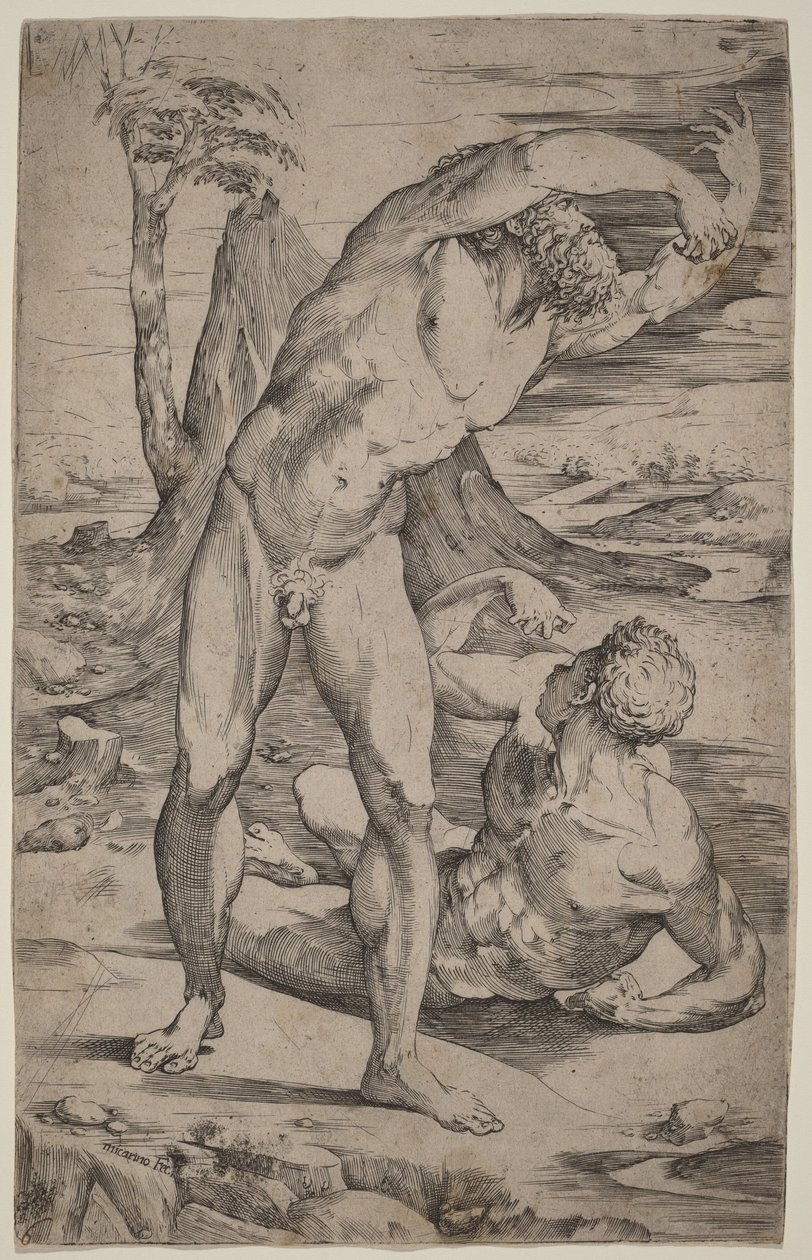 Zwei männliche Akte gestikulieren in einer Landschaft von Domenico Beccafumi