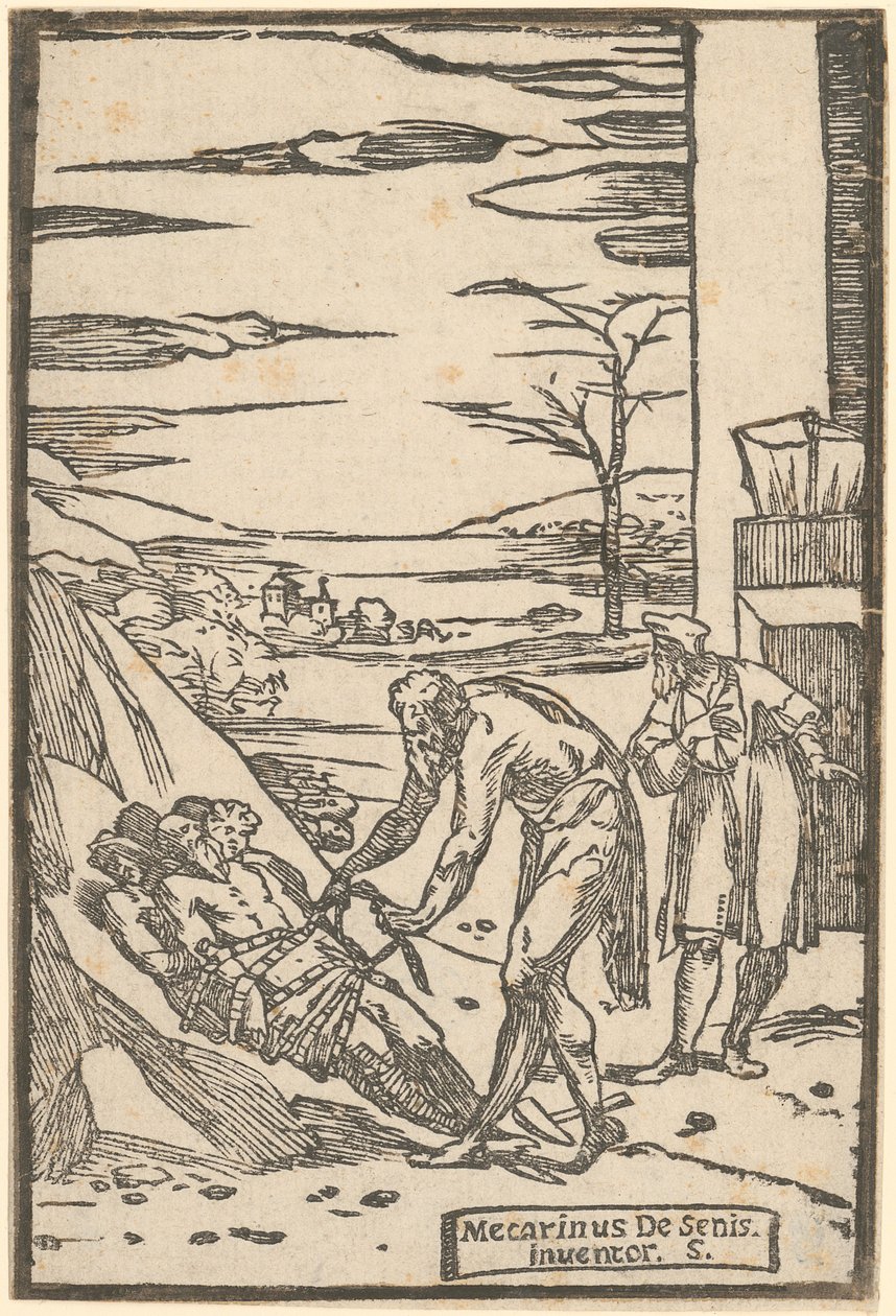Vulkan fesselt die gefangenen Metalle mit einer Kette, Blatt 4 der Folge "De la Pirotechnia" von Domenico Beccafumi