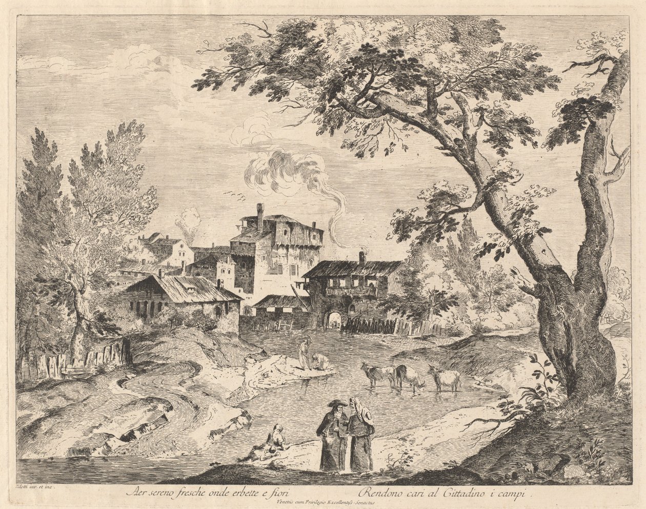Rustikales Dorf entlang eines Flusses mit Reisenden von Domenico Bernardo Zilotti