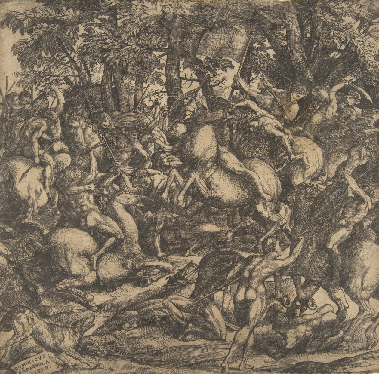Gruppe nackter Männer im Kampf in einer bewaldeten Landschaft, einige zu Pferd, ein Hund von Domenico Campagnola