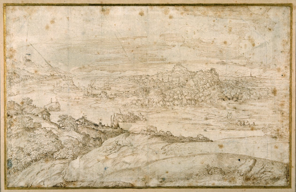 Waldlandschaft mit einem gewundenen Fluss; in der Ferne eine Stadt, eine Mischung aus Türmen und Kuppeln mit antiken Ruinen von Domenico Campagnola