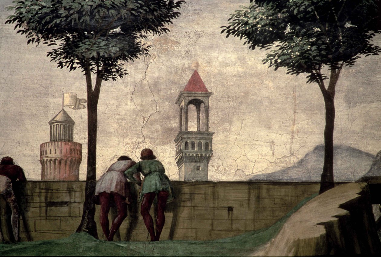 Männer, die über eine Mauer schauen, aus der Visitation von Domenico Ghirlandaio