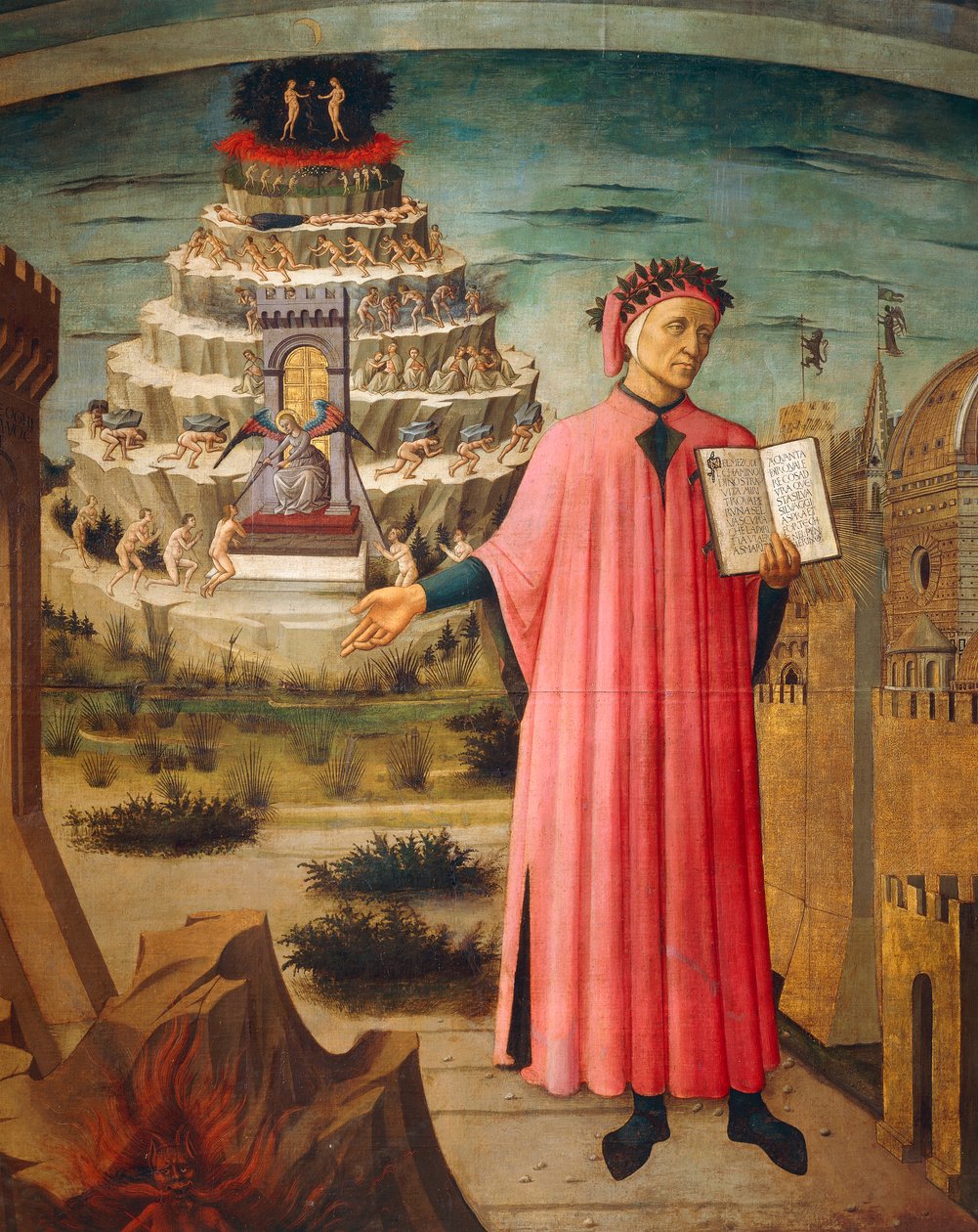 Dante Alighieri mit der Göttlichen Komödie in der Hand und den Bergen des Fegefeuers im Hintergrund (Detail) von Domenico di Michelino