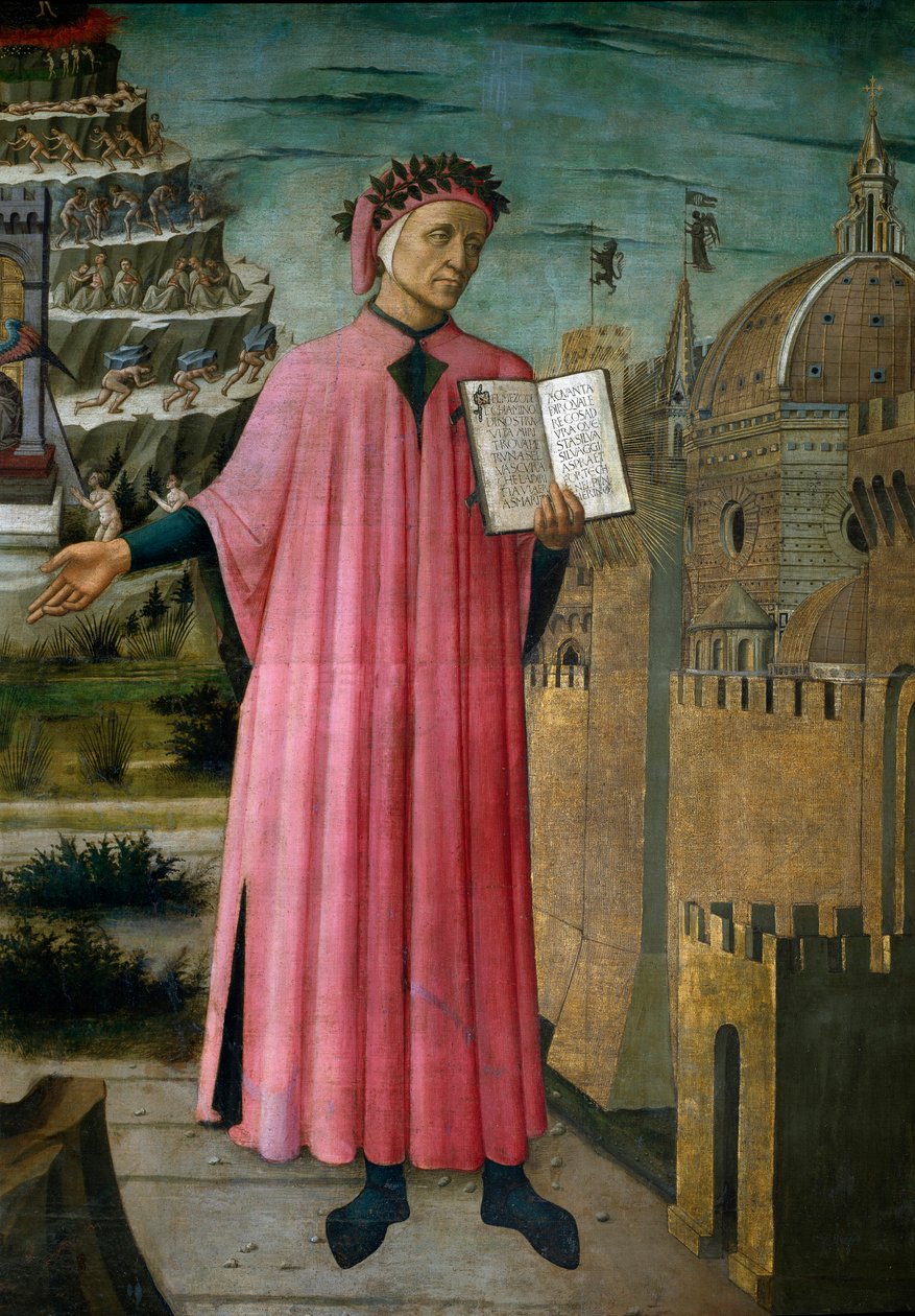 Der italienische Dichter Dante Alighieri (1265-1321) präsentiert sein Werk „Die göttliche Komödie“. Detail. Fresko von Domenico di Michelino (1417-1491), Kathedrale Santa Maria del Fiore, Florenz. von Domenico di Michelino