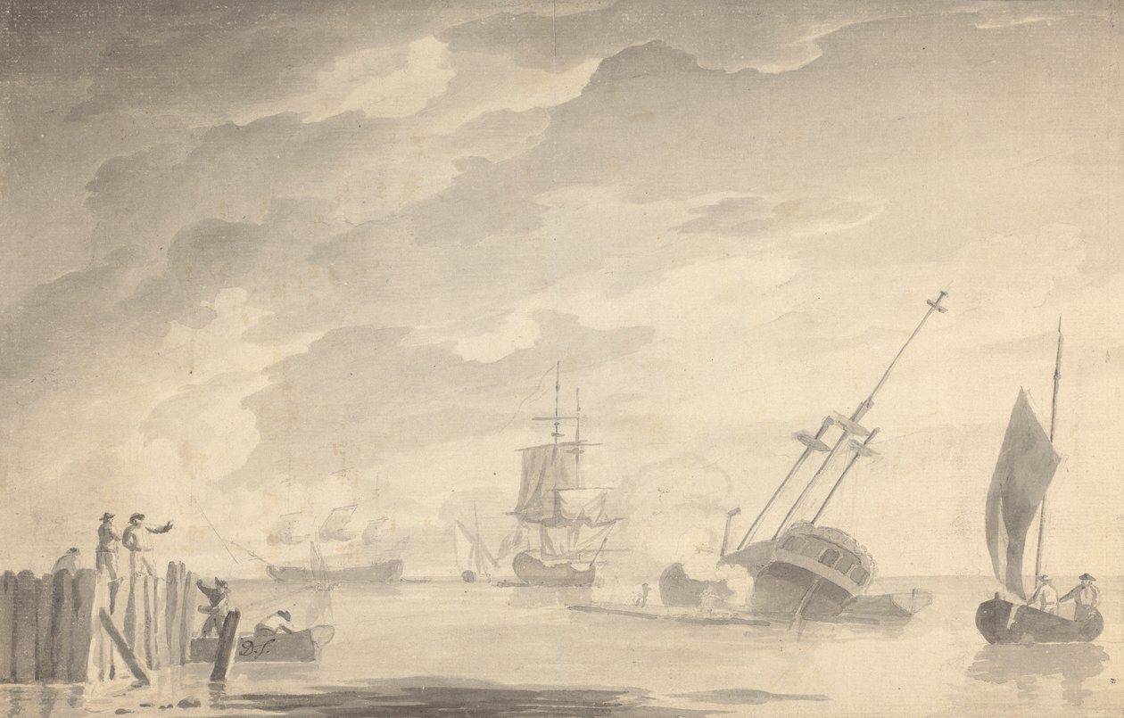 Kampfszene, drei Schlachtschiffe, eines sinkt; Figuren links in Ruderboot und auf Steg stehend von Dominic Serres