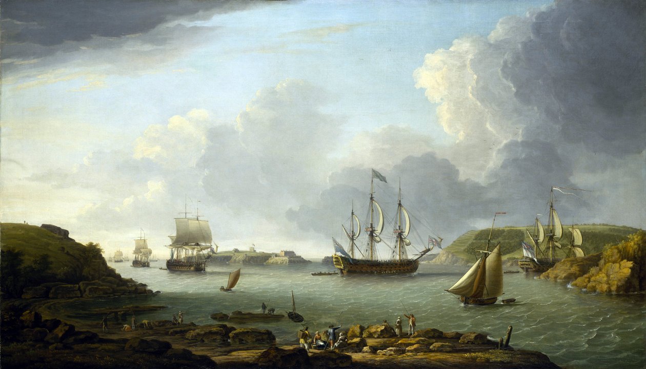 Rückkehr einer Flotte nach Plymouth (England), Beschreibung der Stadt und der Bucht, einschließlich Drake Island und Edgcumbe Mountain von Dominic Serres