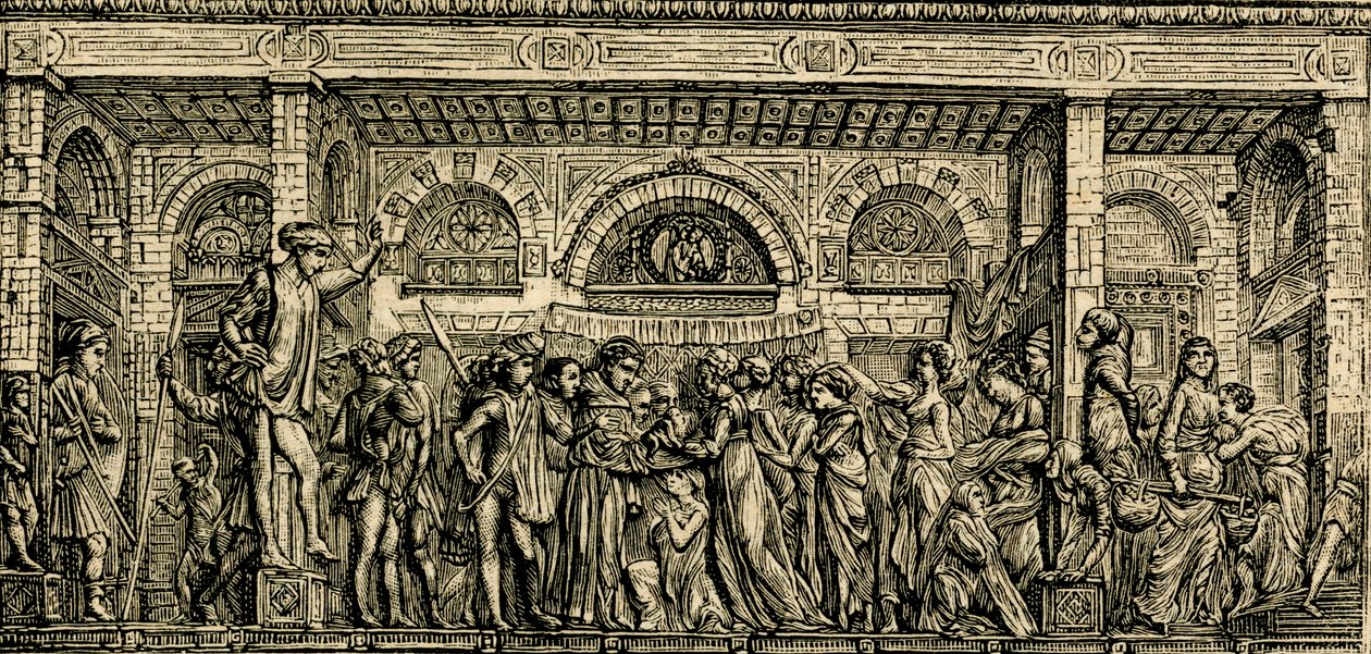 Wunder des sprechenden Neugeborenen, Altar des Heiligen Antonius, Bronze-Relief von Donatello, Basilika des Heiligen Antonius von Padua, Padua, Venetien, Italien, Holzschnitt aus Le cento città d