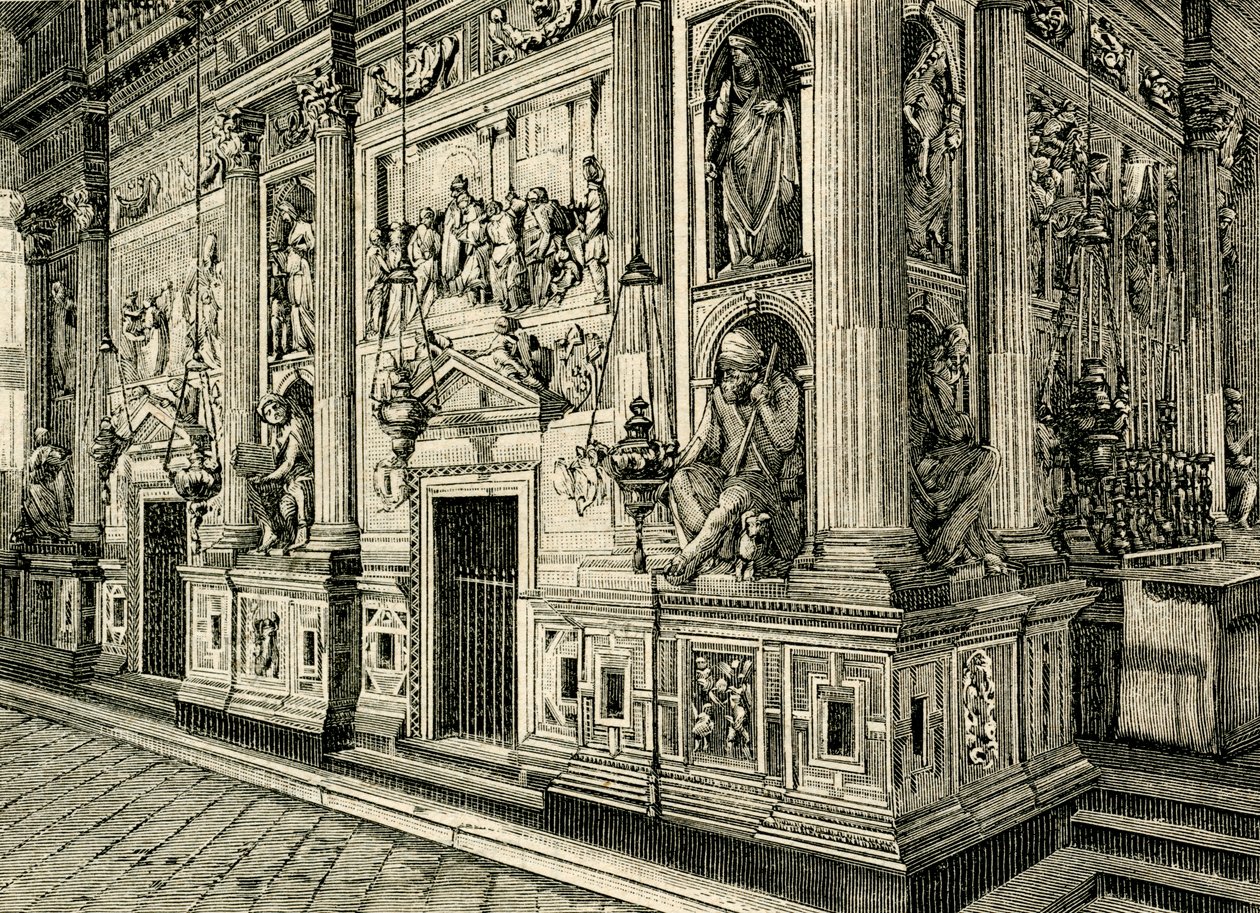 Marmorschirm des Heiligen Hauses, entworfen von Donato Bramante (1444-1514), Heiligtum des Heiligen Hauses, Loreto, Marken, Italien von Donato Bramante