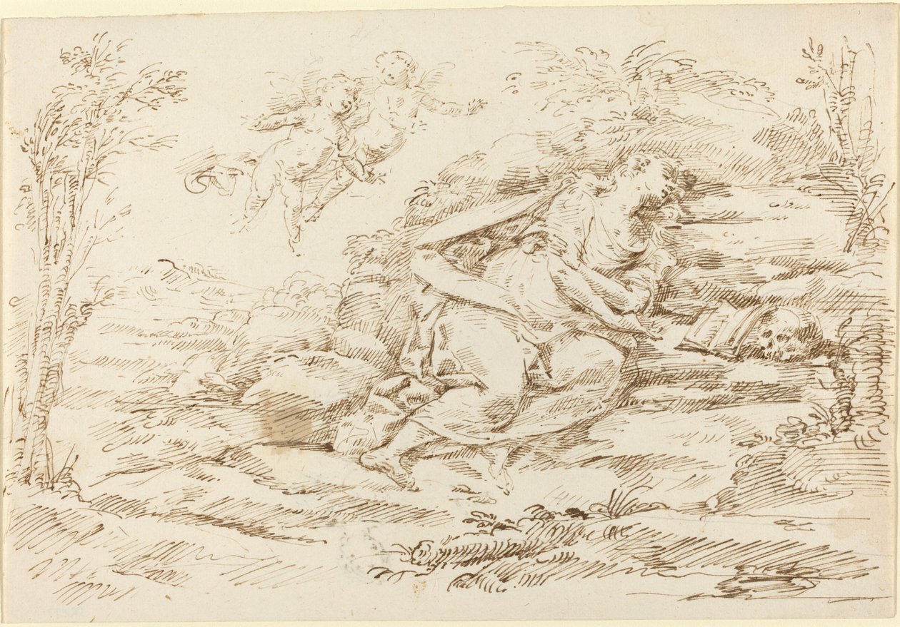 Büßende Magdalena mit Engeln in einer Landschaft (recto) von Donato Creti