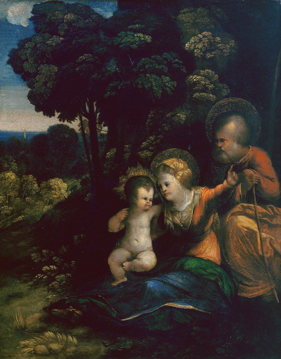 Ruhe auf der Flucht nach Ägypten, von Dosso Dossi, in der Uffizien-Galerie in Florenz von Dosso Dossi