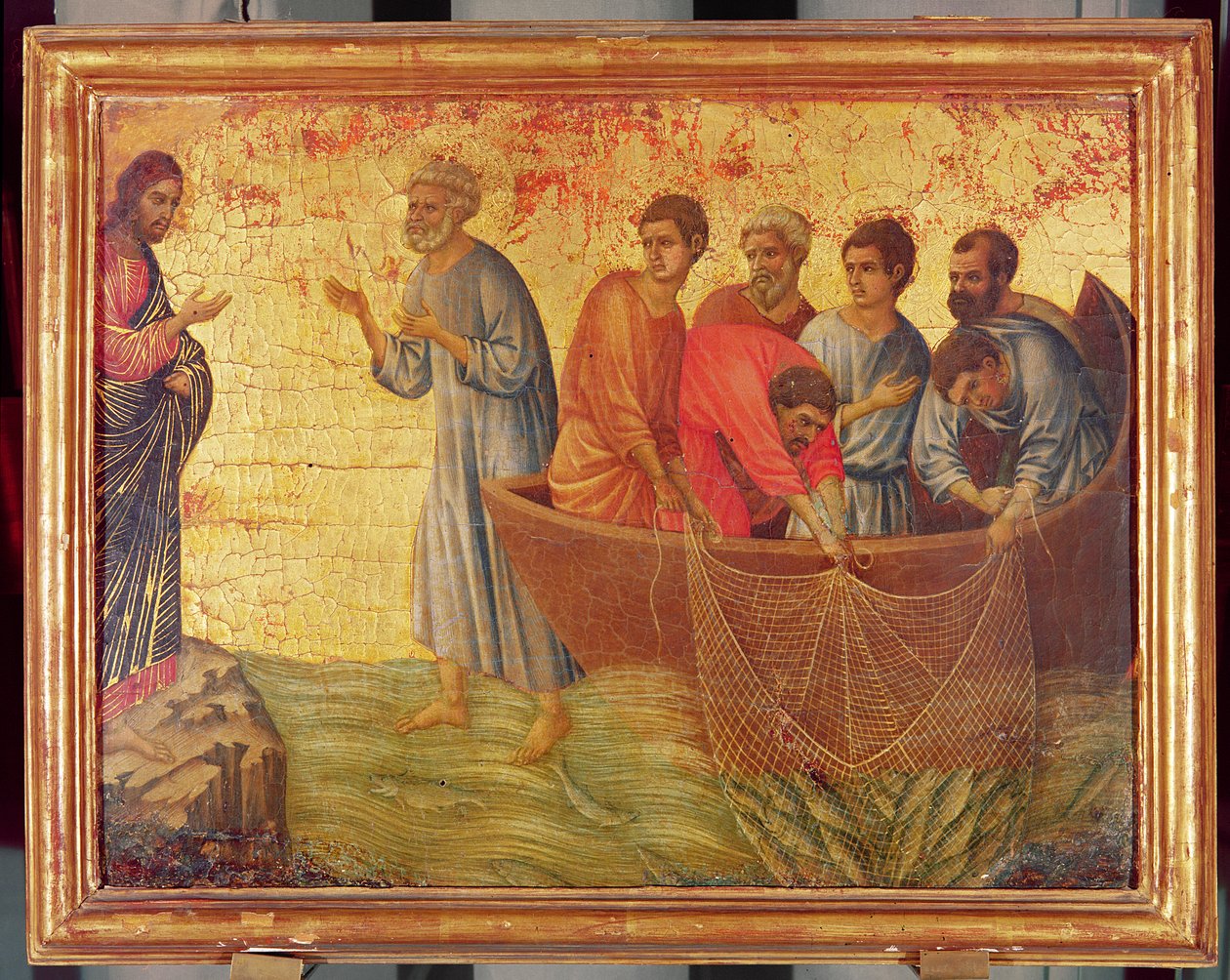 Die Erscheinung auf dem See von Tiberias, aus der Geschichte Christi nach der Auferstehung, die Rückseite des Maesta-Altarbildes, fertiggestellt 1311 von Duccio di Buoninsegna