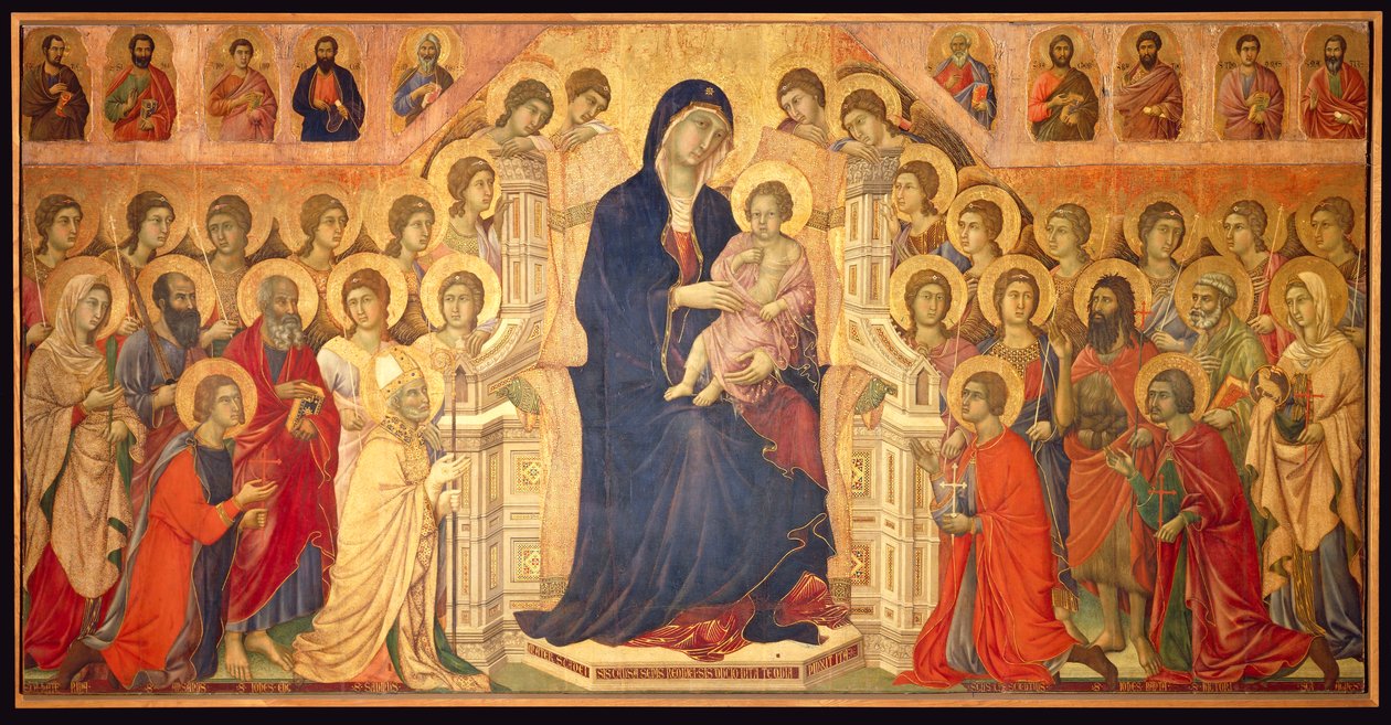 Thronende Jungfrau mit Kind, umgeben von Engeln und Heiligen, zentrales Panel der Maestà von Duccio di Buoninsegna