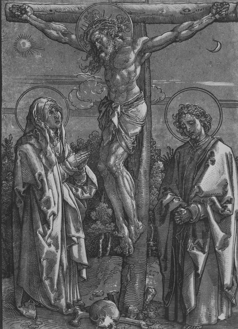 Christus am Kreuz mit der Jungfrau und Johannes dem Evangelisten, 1500-1550 von Dürer School.