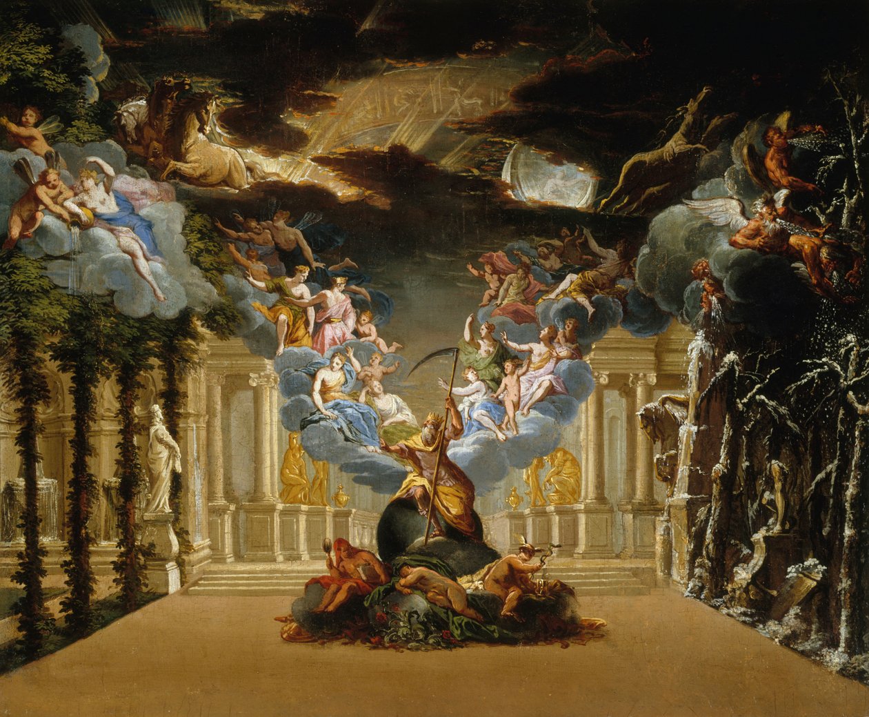 Bühnenbild für das Prolog der Tragédie lyrique Atys von Jean-Baptiste Lully, ca. 1708 von Duplessis