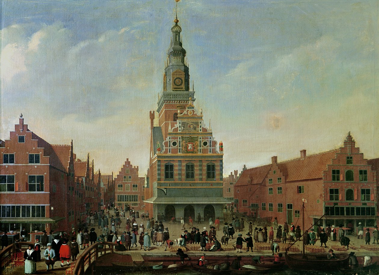 Ansicht des Waaghauses und des Käsemarktes in Alkmaar von Dutch School