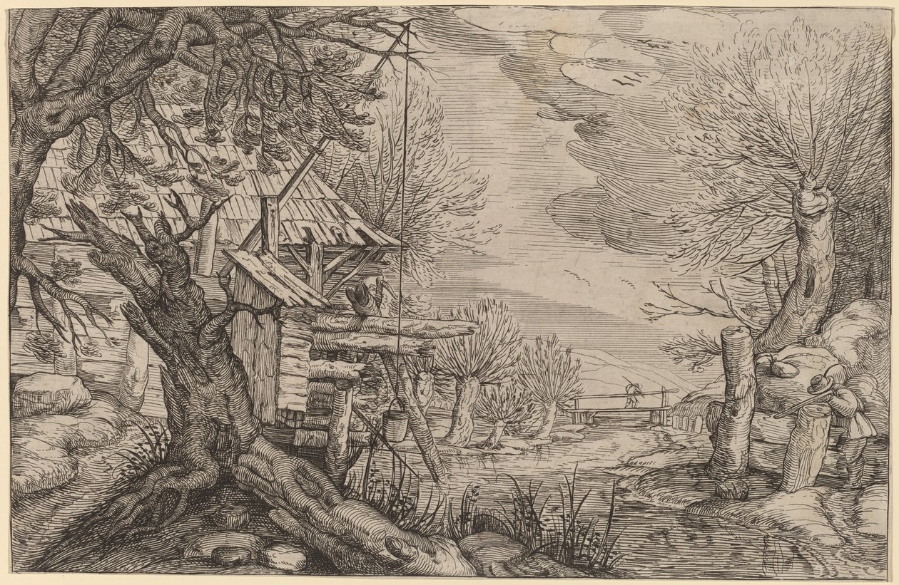 Landschaft mit Blockhaus an einem Fluss von Dutch 17th Century, formerly Jacques de Gheyn II