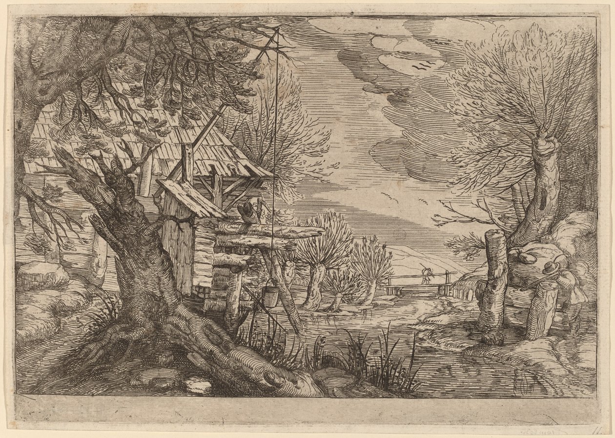 Landschaft mit Blockhaus an einem Fluss von Dutch 17th Century, formerly Jacques de Gheyn II