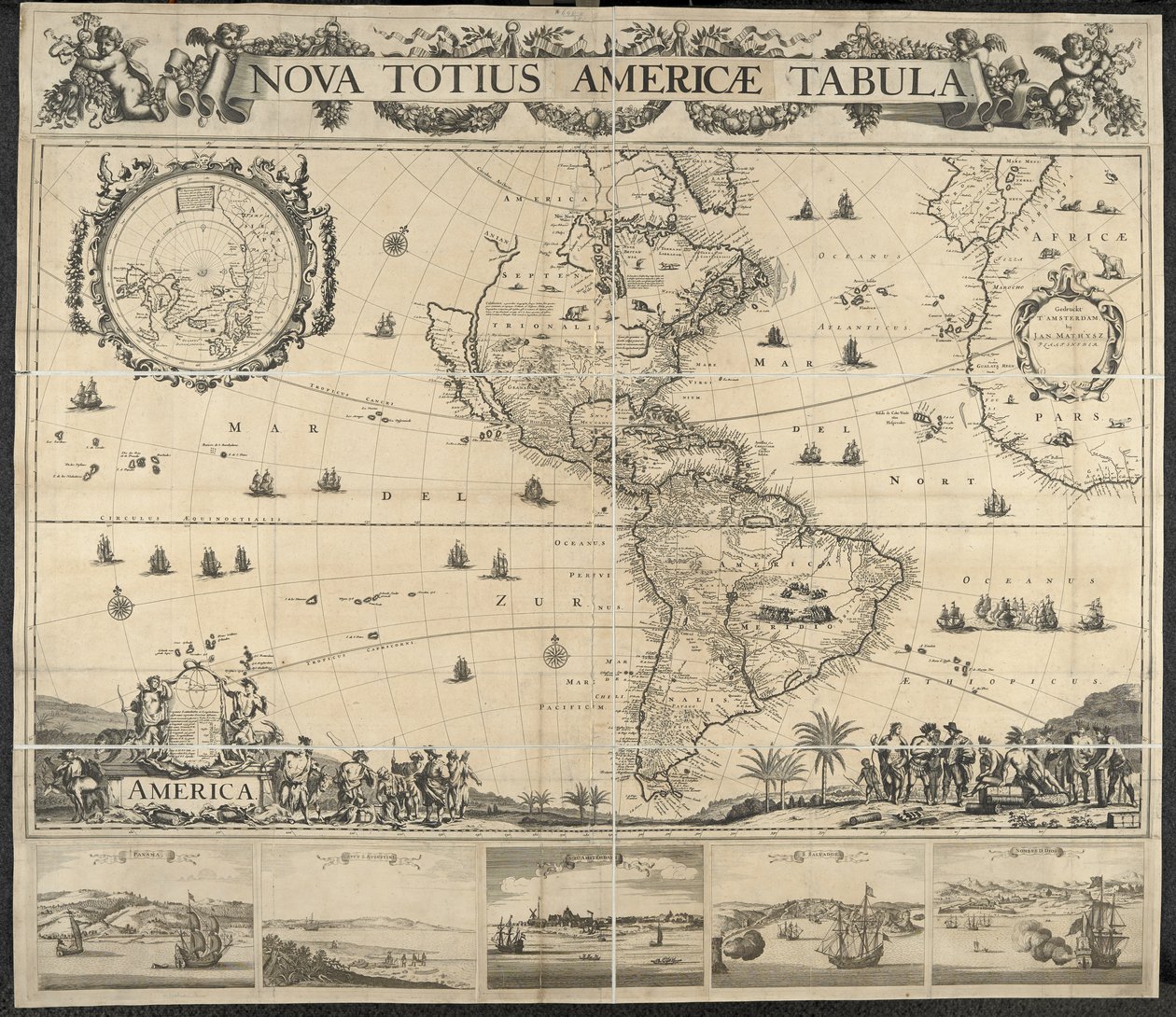 Karte von Amerika, Nova totius Americae Tabula, [mit Ansichten von] Panama, Caput S. Augustini, Nieu Amsterdam, S. Salvador, Nombre D. Dios. Gedruckt bei J. Mathysz von Dutch School