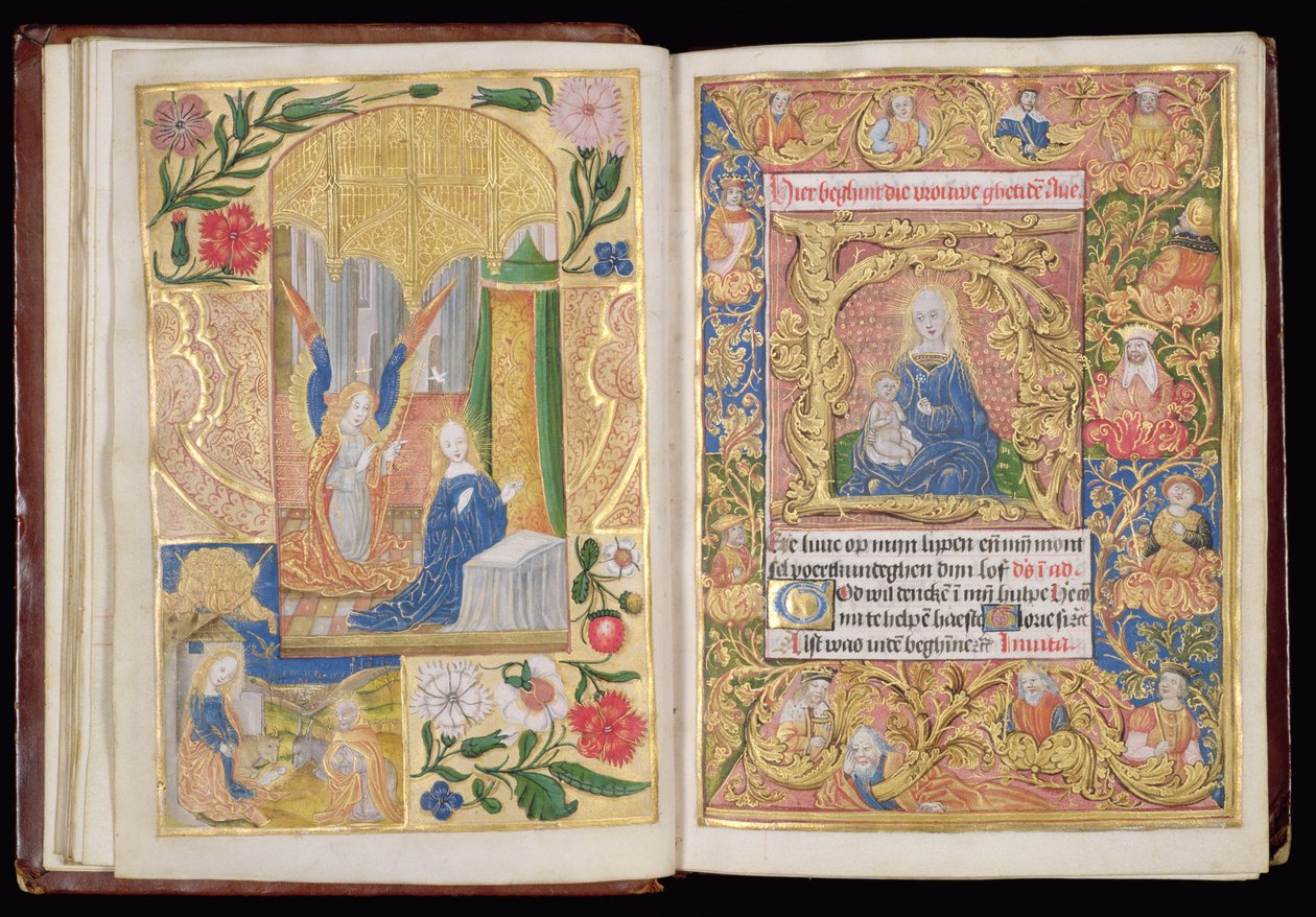 Ms 144, ff.13v-14r: Die Verkündigung und die Jungfrau mit Kind, Miniaturen aus einem Stundenbuch, Gebrauch von Utrecht, ca. 1500-20 von Dutch School