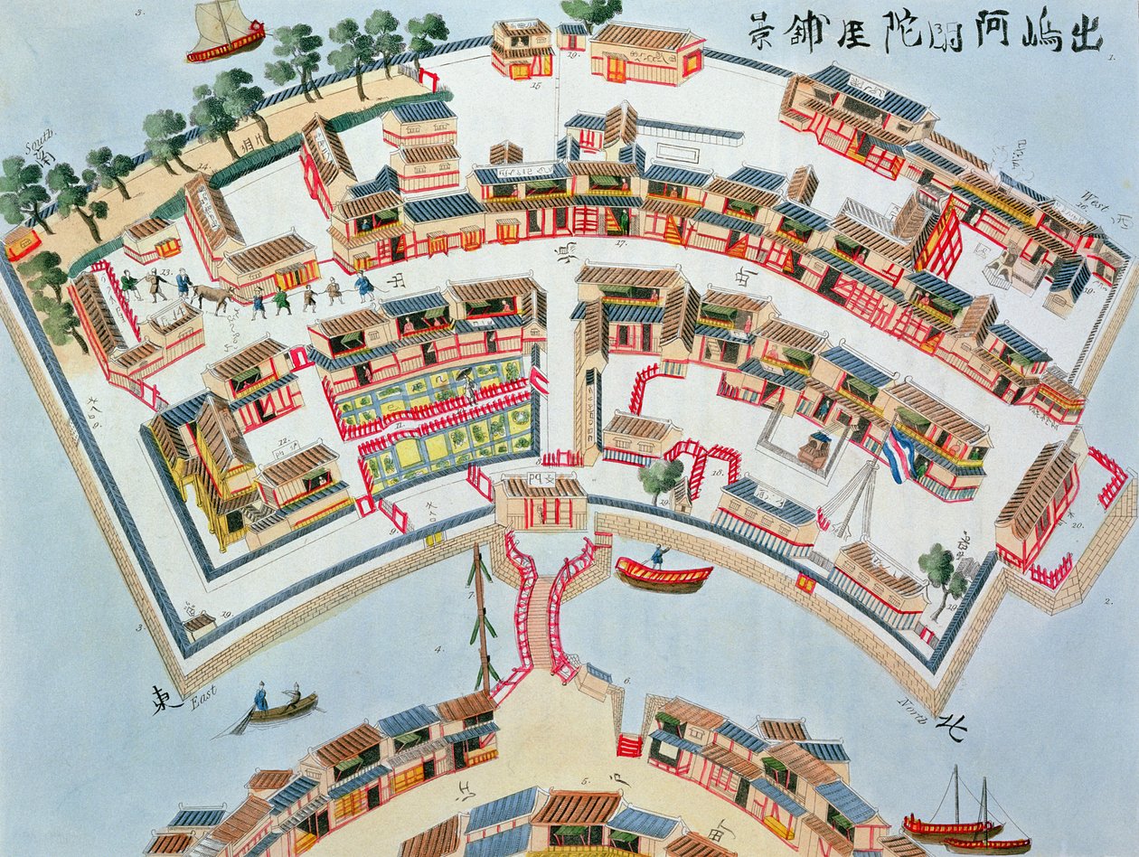 Plan der niederländischen Fabrik auf der Insel Desima in Nagasaki, aus Illustrationen von Japan von Isaac Titsingh, veröffentlicht in London, 1822 von Dutch School