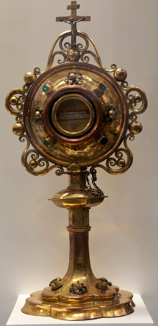 Reliquiar des Heiligen Antoine, Abt und des Heiligen Christophe, Märtyrer, hergestellt in den südlichen Niederlanden, 1579, Domschatz, St. Michael und St. Gudula Kathedrale (Metallarbeit) von Dutch School