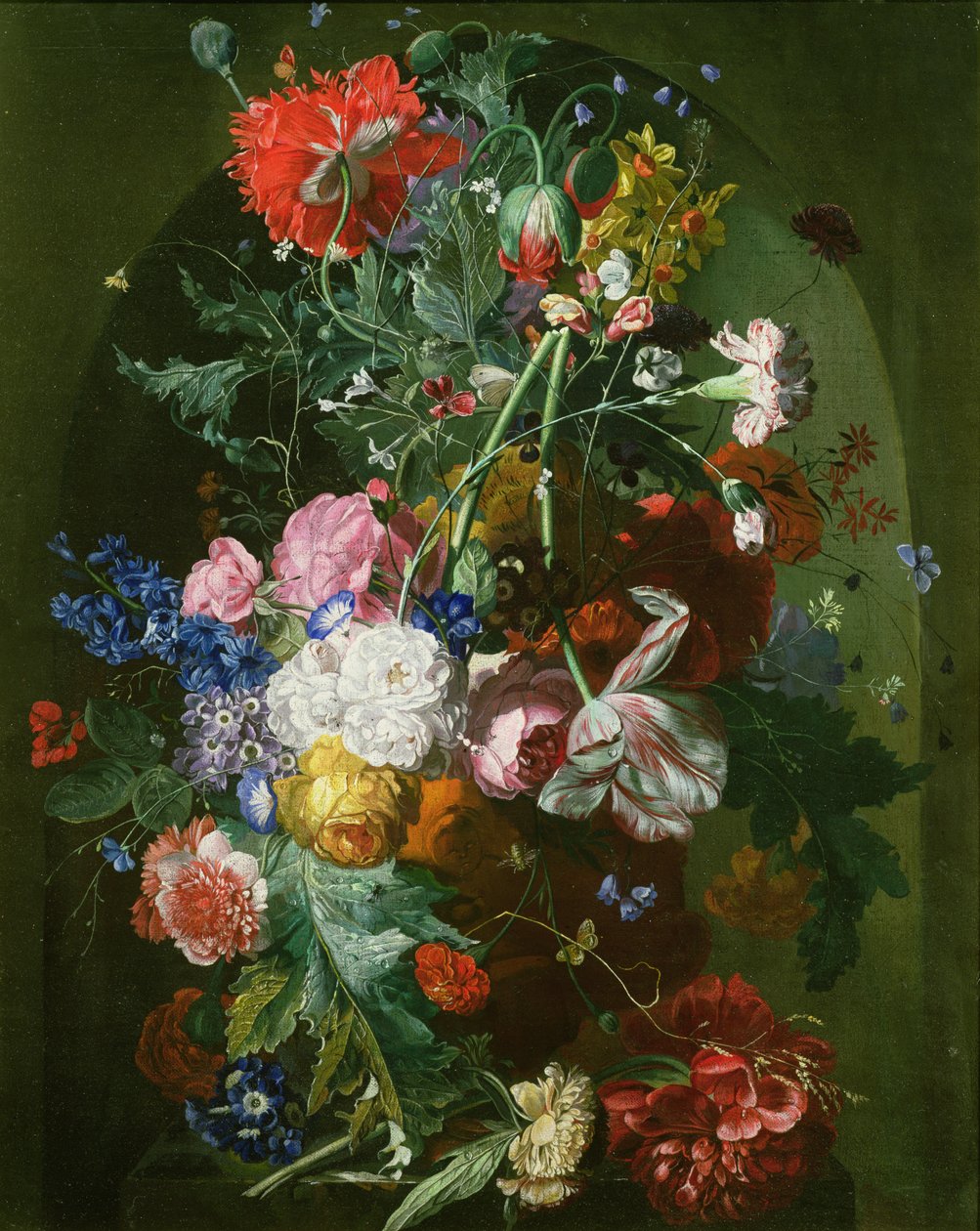 Stillleben mit Blumen in einer Terrakottavase in einer Nische von Dutch School