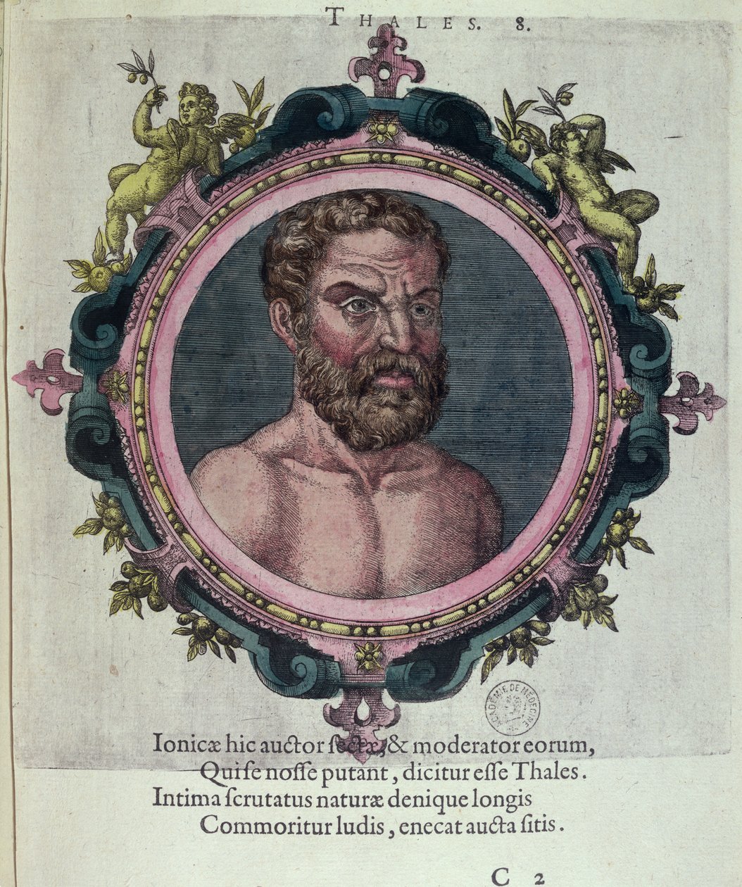 Thales von Milet (ca. 625-547 v. Chr.), Illustration aus Veterum et Recentium Medicorum Philosophorumque Icones von Johannes Sambucus (1531-1584), veröffentlicht von Plantin in Antwerpen 1574 (Farbstich) von Dutch School