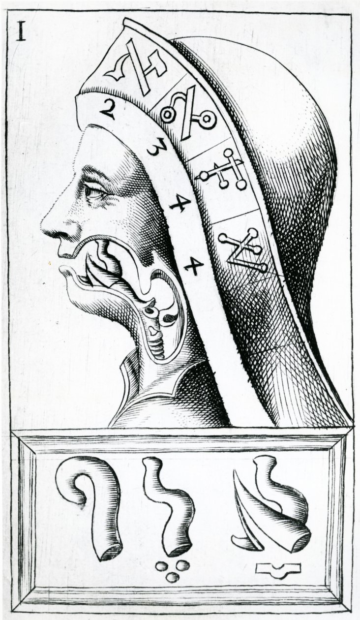 Halsbewegungen bei der Aussprache des hebräischen Alphabets, Illustration aus Alphabetum Natura (Alphabet der Natur) von F.M. van Helmont, 1667 von Dutch School