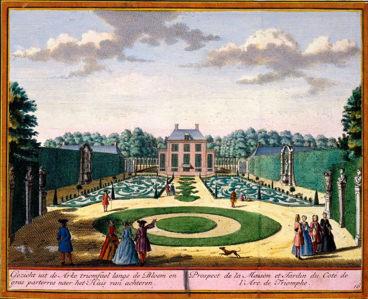 Ansicht des Hauses und Gartens in der Nähe des Triumphbogens, aus Het Zeganpralent Kennemerlant von Hendrick de Leth und Matthias Brouerius Van Nidek, veröffentlicht ca. 1700-30 von Dutch School