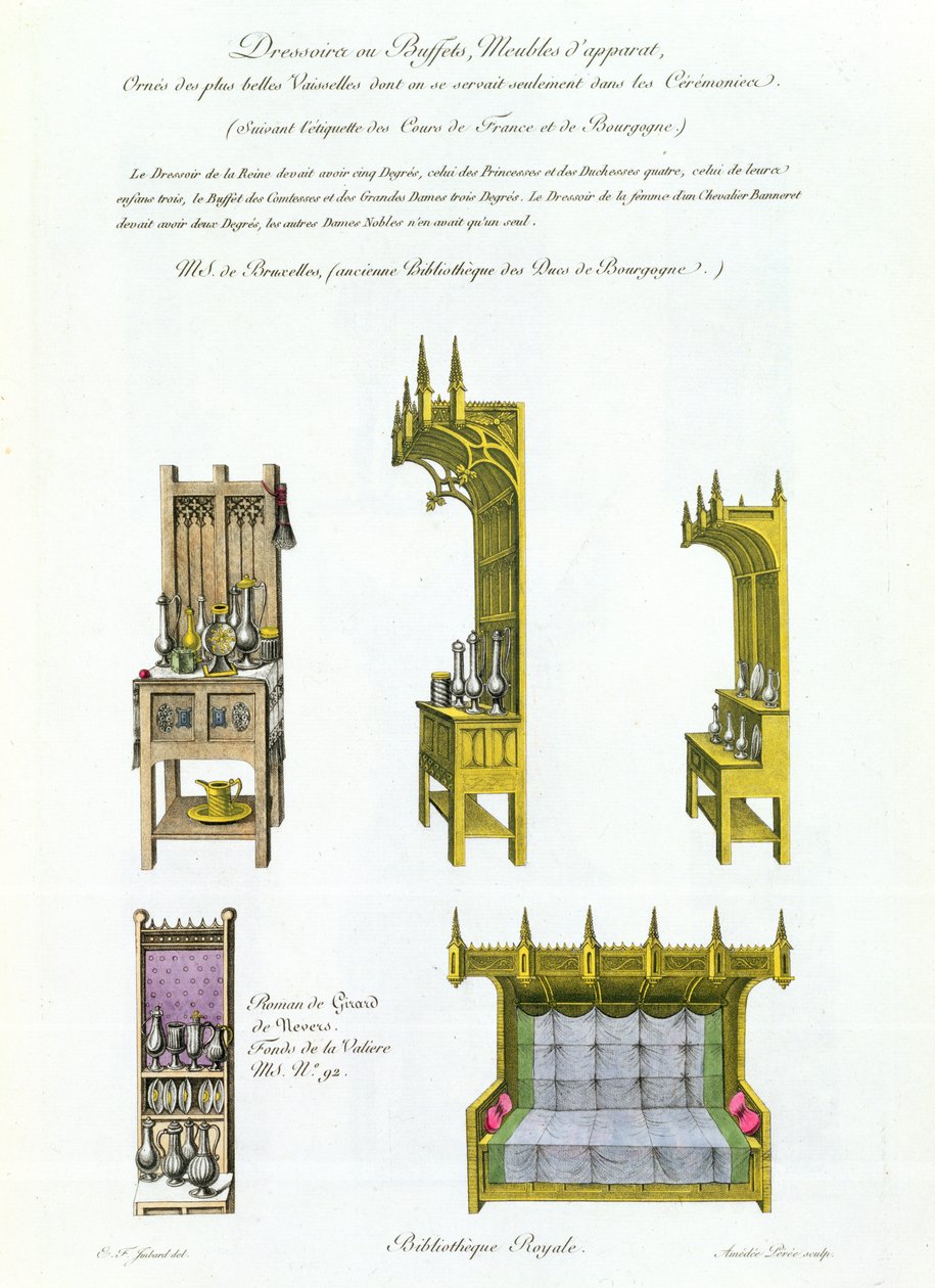 Französische und burgundische Möbel aus dem 15. Jahrhundert, aus Monuments Francais, Lithographie von Amedee Peree, 1839 von E.F. Imbard