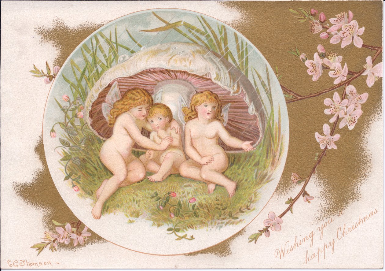 Eine viktorianische Weihnacht von einer Gruppe von Feen, die sich vor dem Regen unter einem Pilz schützen, von Gertrude Thompson, ca. 1895 von E. Gertrude Thompson
