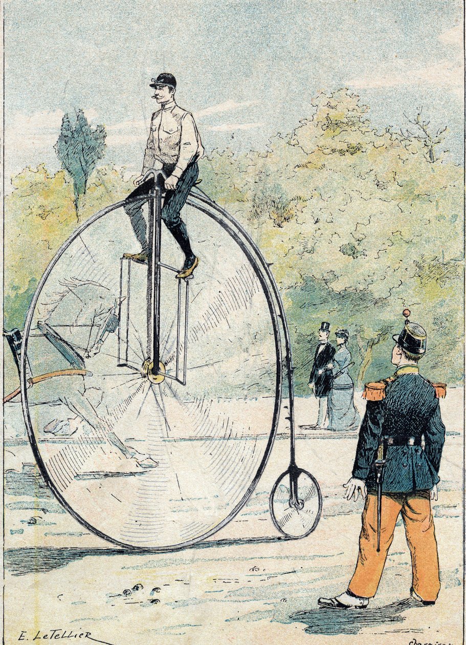 Grand-Bi mit Vorderraddurchmesser größer als 1,50 m - Aus einem Schutzumschlag für Schulbücher, späte 19. Jahrhundert - Illustration von E. Letellier - Geschütztes Notizbuch historisch, späte 19. Jahrhundert von E. Letellier