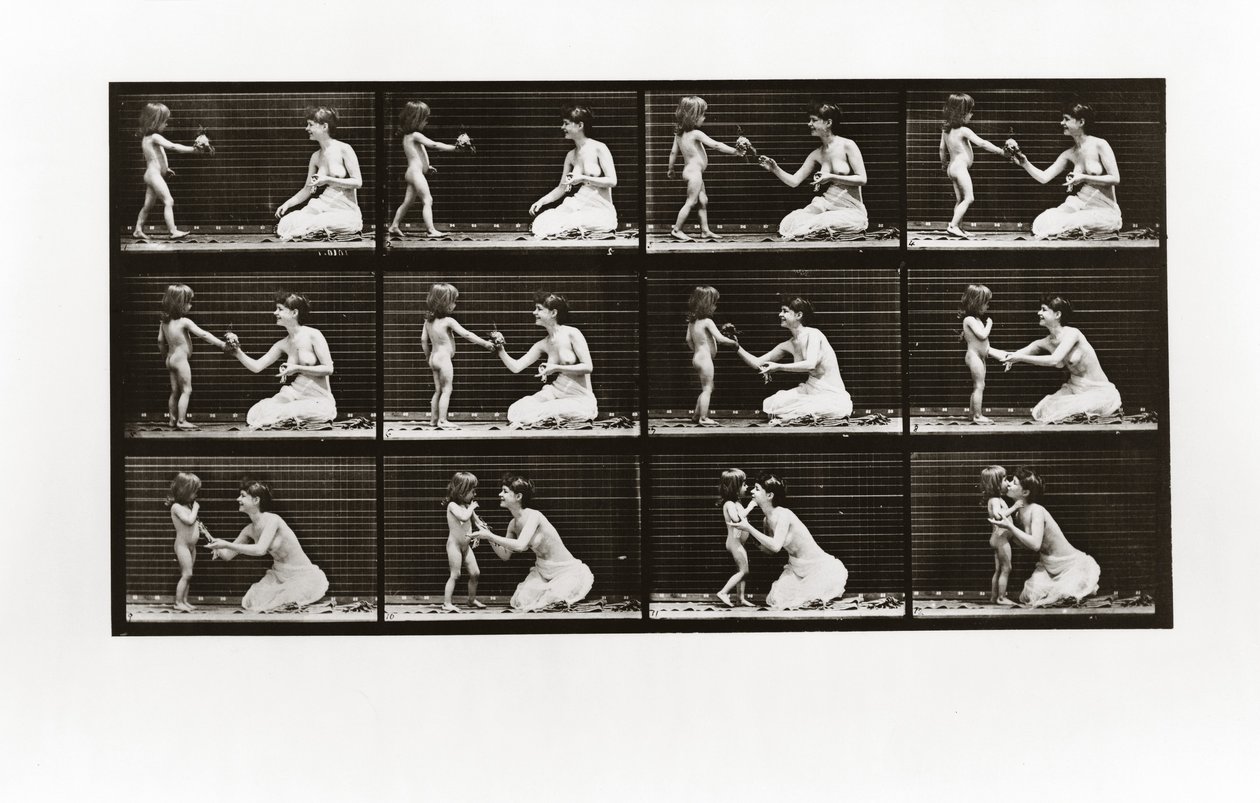 Kind bringt einer Frau einen Blumenstrauß, Platte 465 aus Animal Locomotion von Eadweard Muybridge