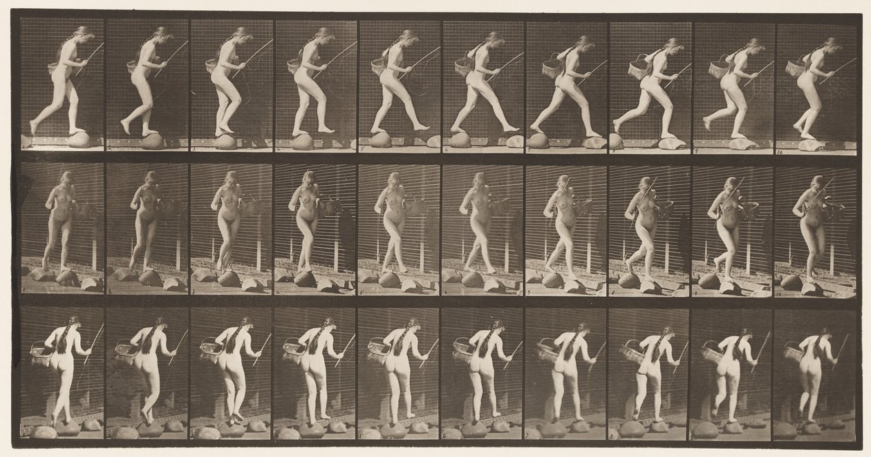 Tafel 177. Über einen Bach auf Trittsteinen gehen mit Angelrute und Korb von Eadweard Muybridge