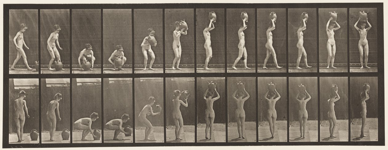 Tafel 222. Bücken und Wasserkrug zum Kopf heben und drehen von Eadweard Muybridge