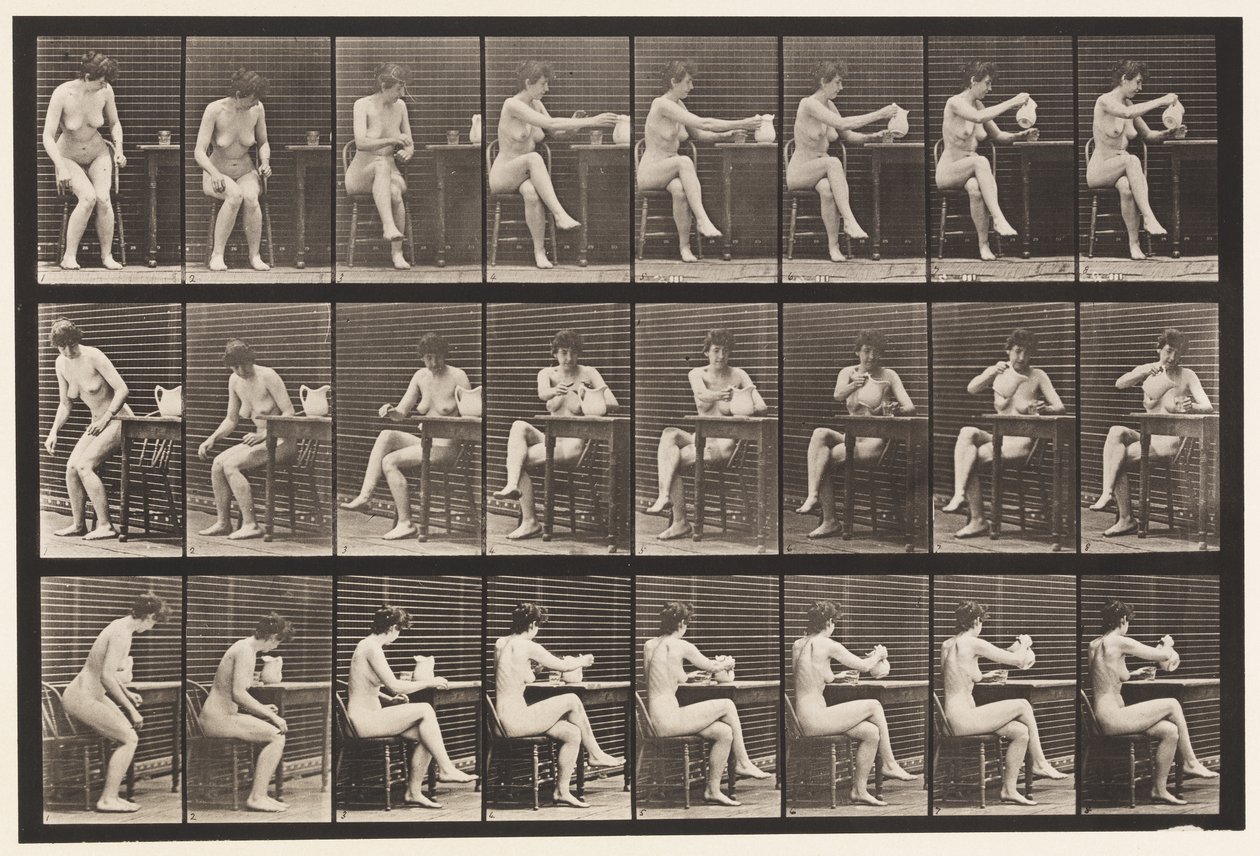 Tafel 244. Sitzen, Beine kreuzen, Kelch aus Krug füllen von Eadweard Muybridge