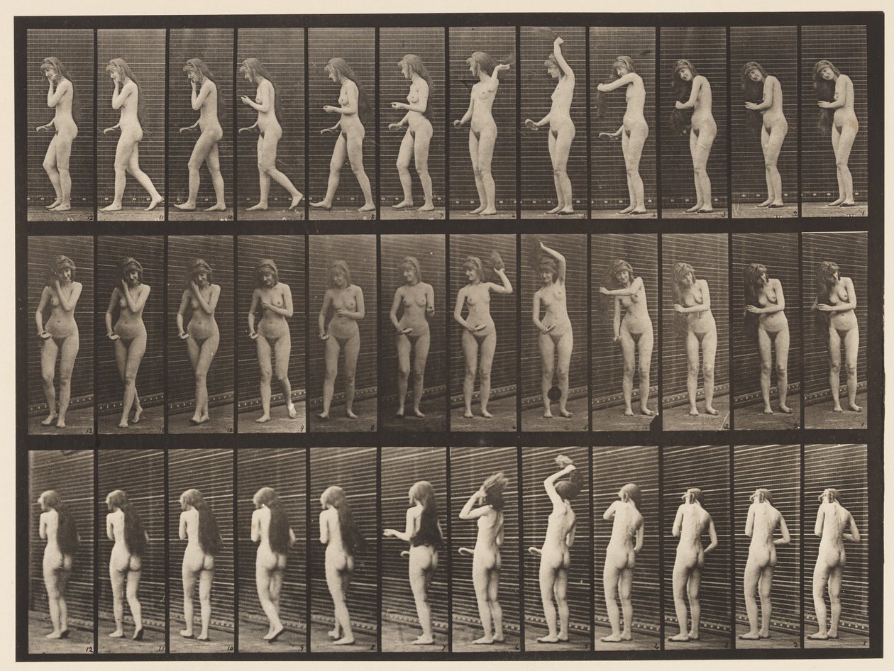 Toilette; Haare bürsten und weggehen von Eadweard Muybridge