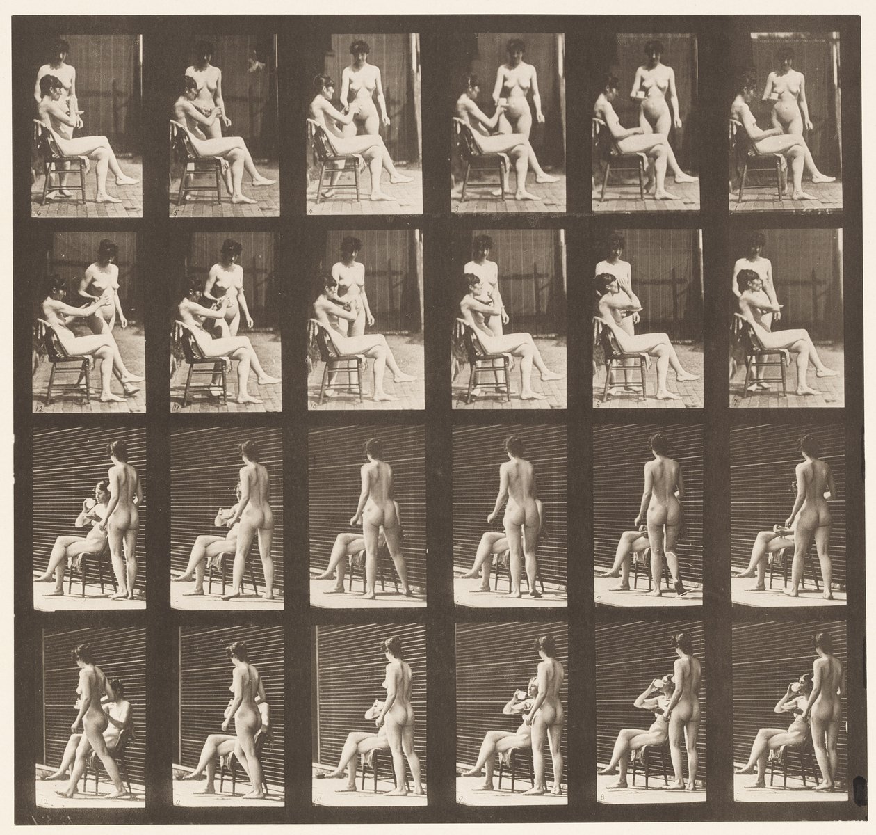 Tafel 451. Zwei Modelle, 8 bringt eine Tasse Tee, 1 nimmt die Tasse und trinkt, 1872-1885 von Eadweard Muybridge