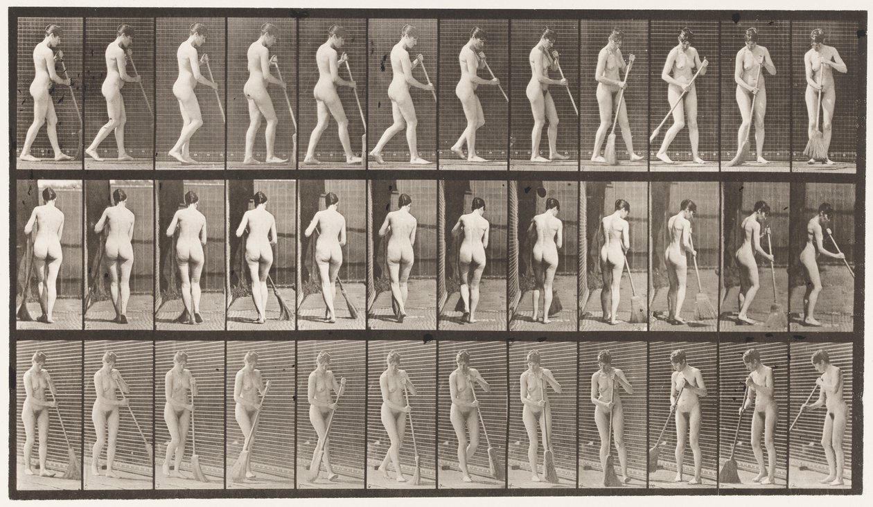 Tafel 58. Gehen, sich umdrehen, den Boden fegen von Eadweard Muybridge