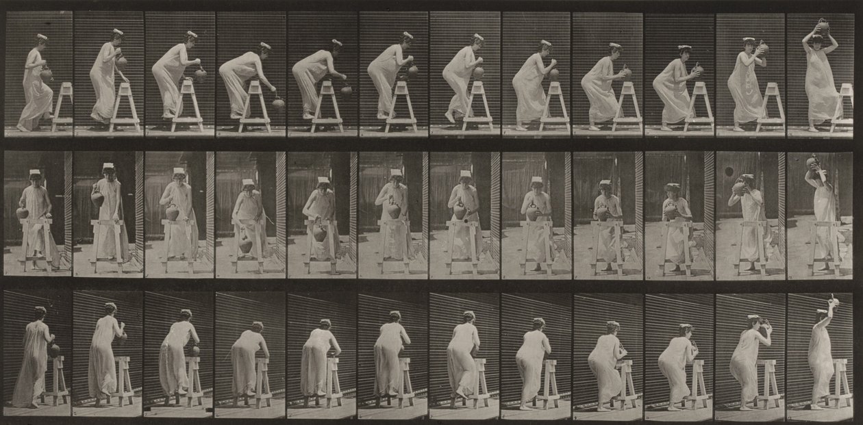 Tafel Nummer 216. Bücken, um einen Wasserkrug zu füllen, ihn auf den Kopf stellen von Eadweard Muybridge