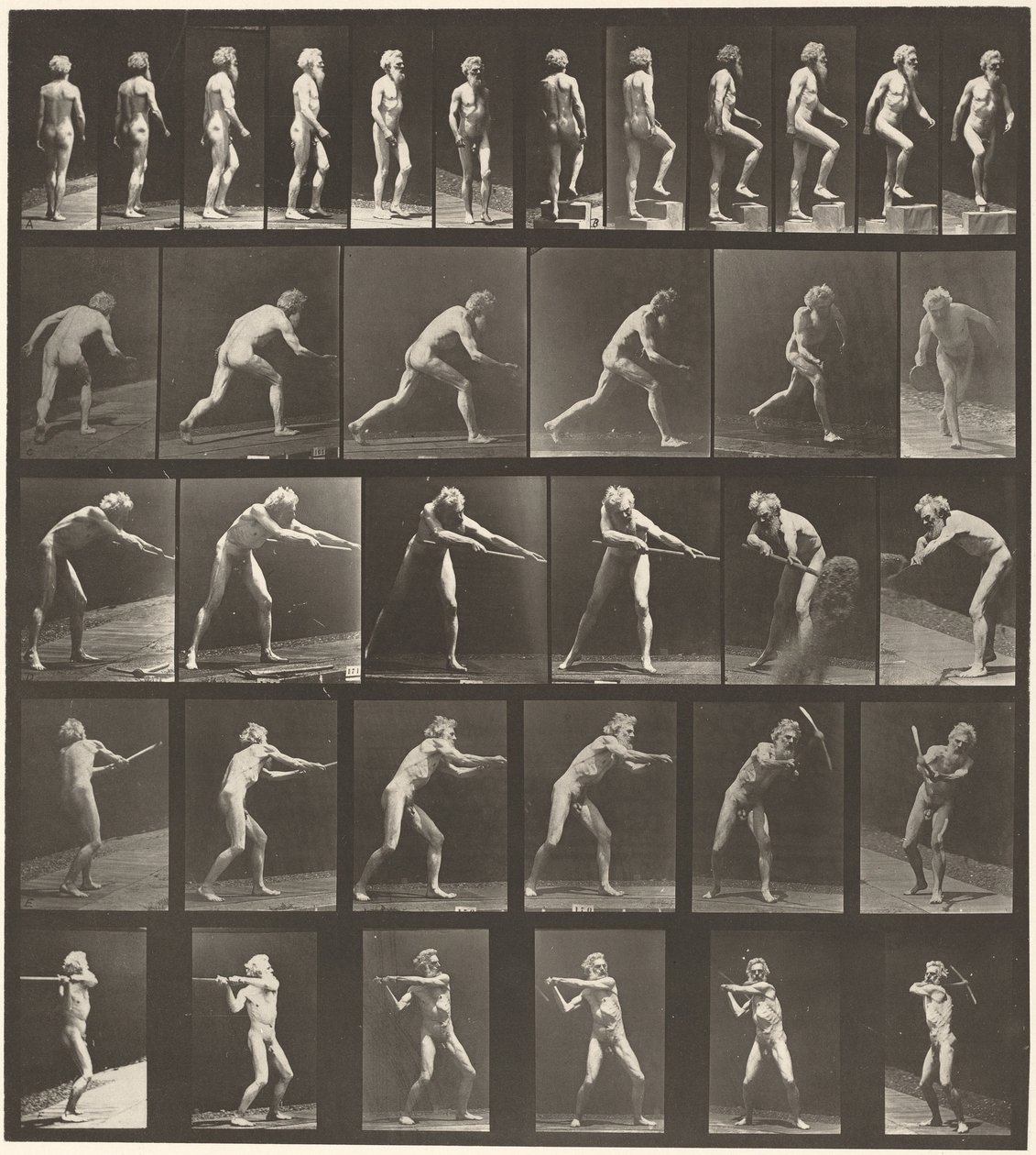 Tafel Nummer 521. A: Gehen. B: Stufe hinaufsteigen. C: Diskus werfen. D: Schaufel benutzen. E, F: Spitzhacke benutzen, 1887 von Eadweard Muybridge