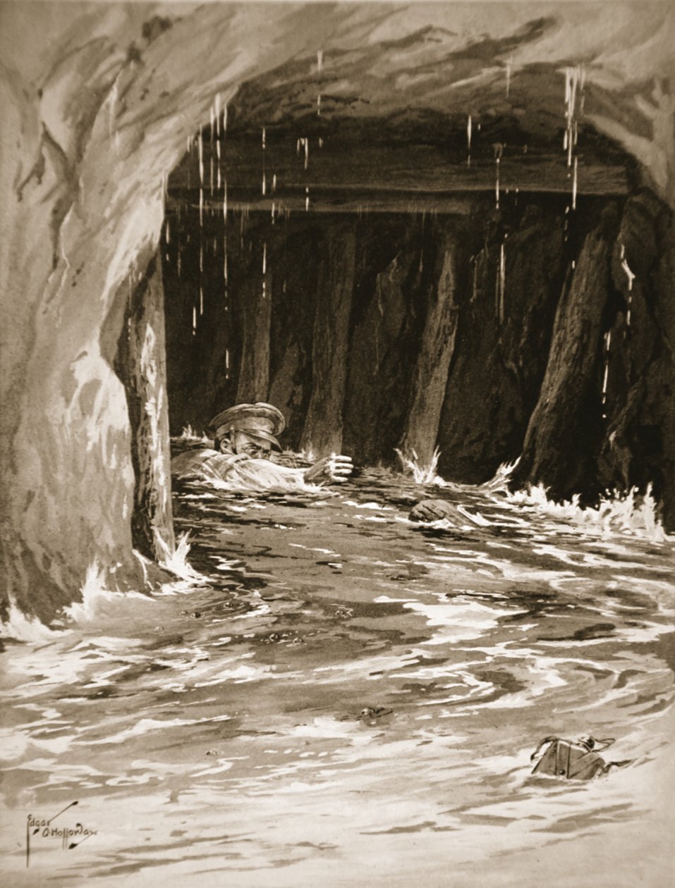 Unteroffizier Collier kämpft sich aus einer fast wassergefüllten Minengalerie, nachdem er seine Arbeit beendet hat von Edgar Alfred Holloway