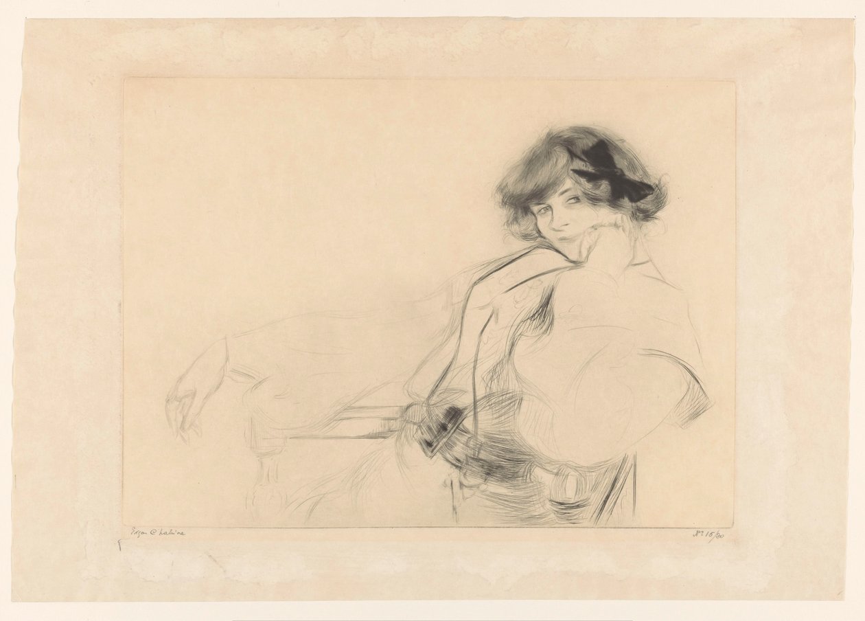 Junge Frau mit einer Schleife im Haar, die auf einem Stuhl sitzt von Edgar Chahine (signed by artist)