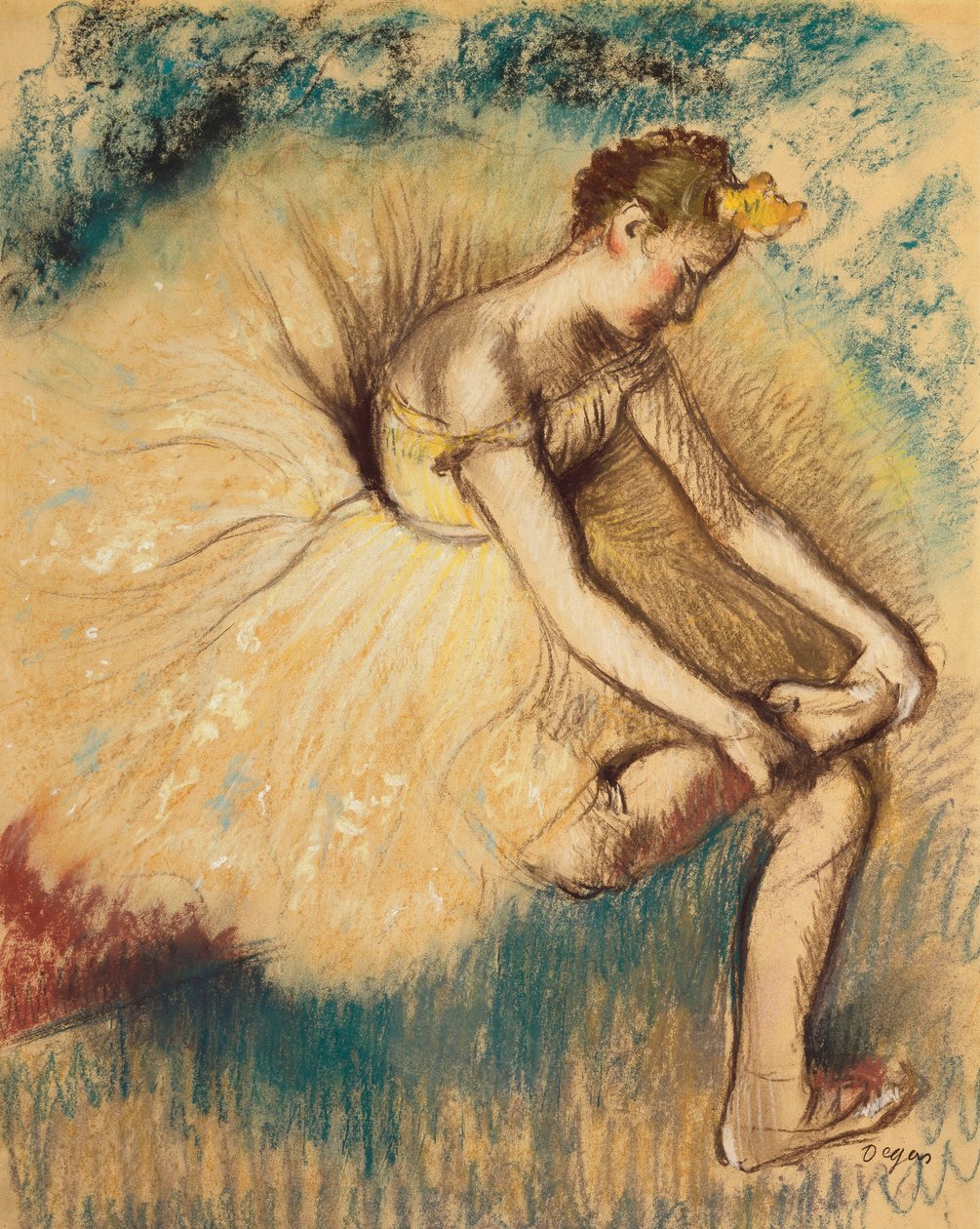 Eine Tänzerin zieht ihren Schuh an; Danseuse Attachant sa Chaussure, 1896 von Edgar Degas