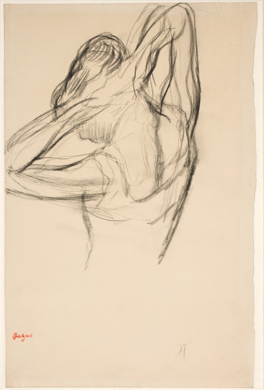 Tänzerin, die ihr Haar richtet; Halbfigur im Profil nach links, halb von hinten von Edgar Degas