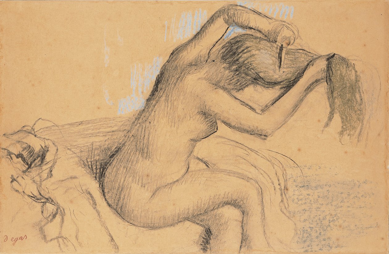Nackte Frau, die sich die Haare frisiert; Femme nue se coiffant, um 1890-1895 von Edgar Degas