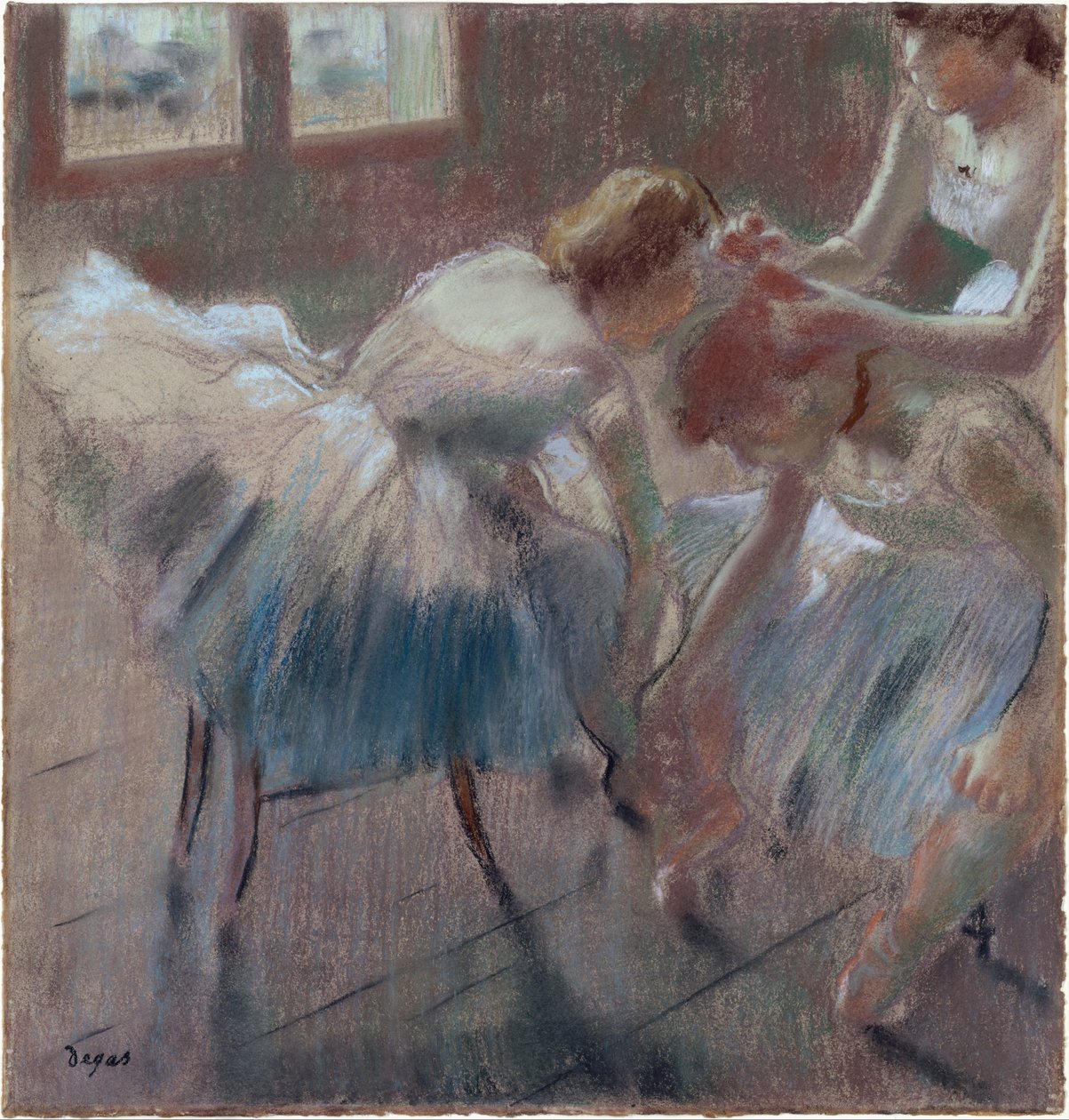 Drei Tänzerinnen bereiten sich auf den Unterricht vor von Edgar Degas