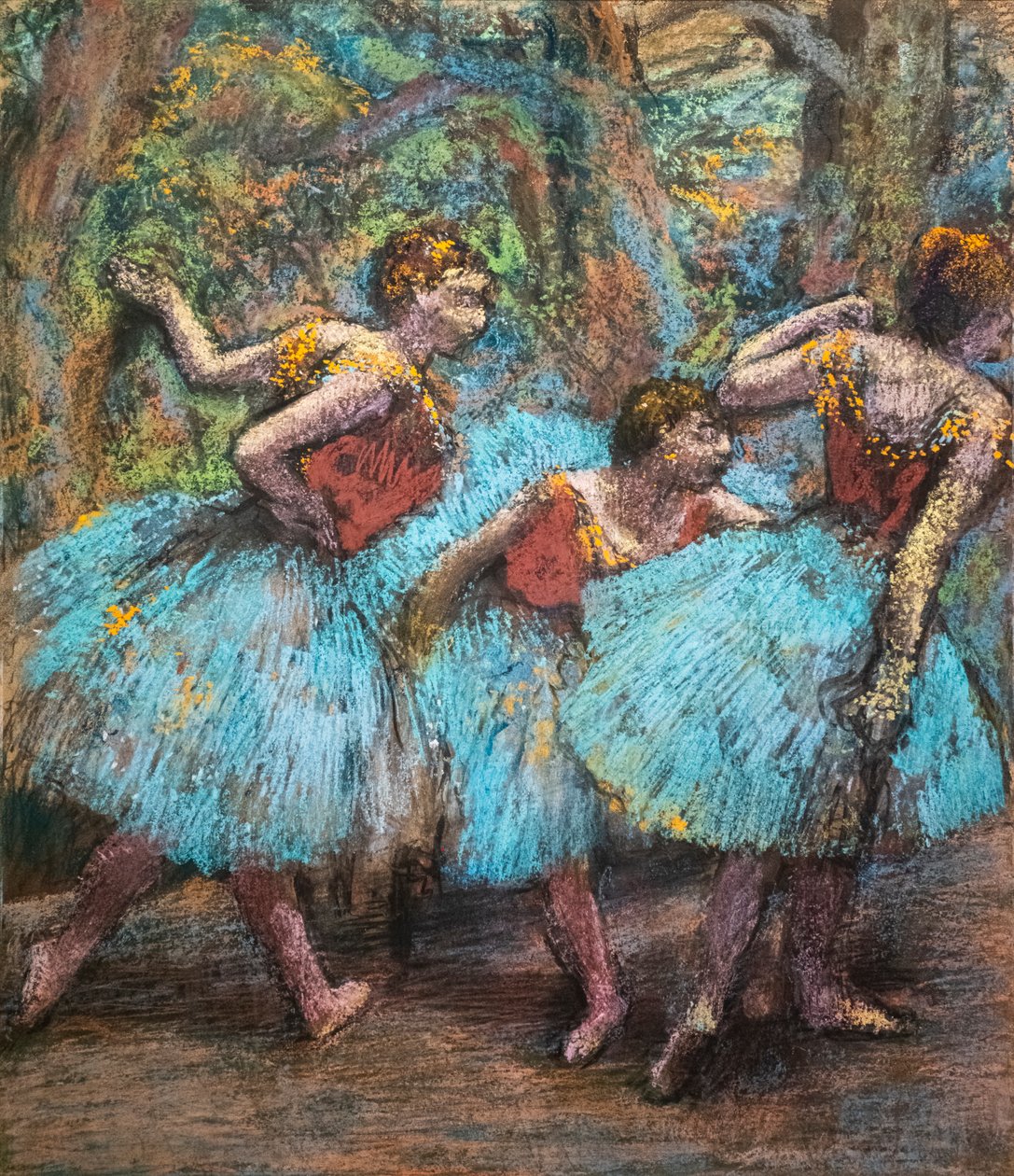 Drei Tänzerinnen (blaue Röcke, rote Korsagen) von Edgar Degas