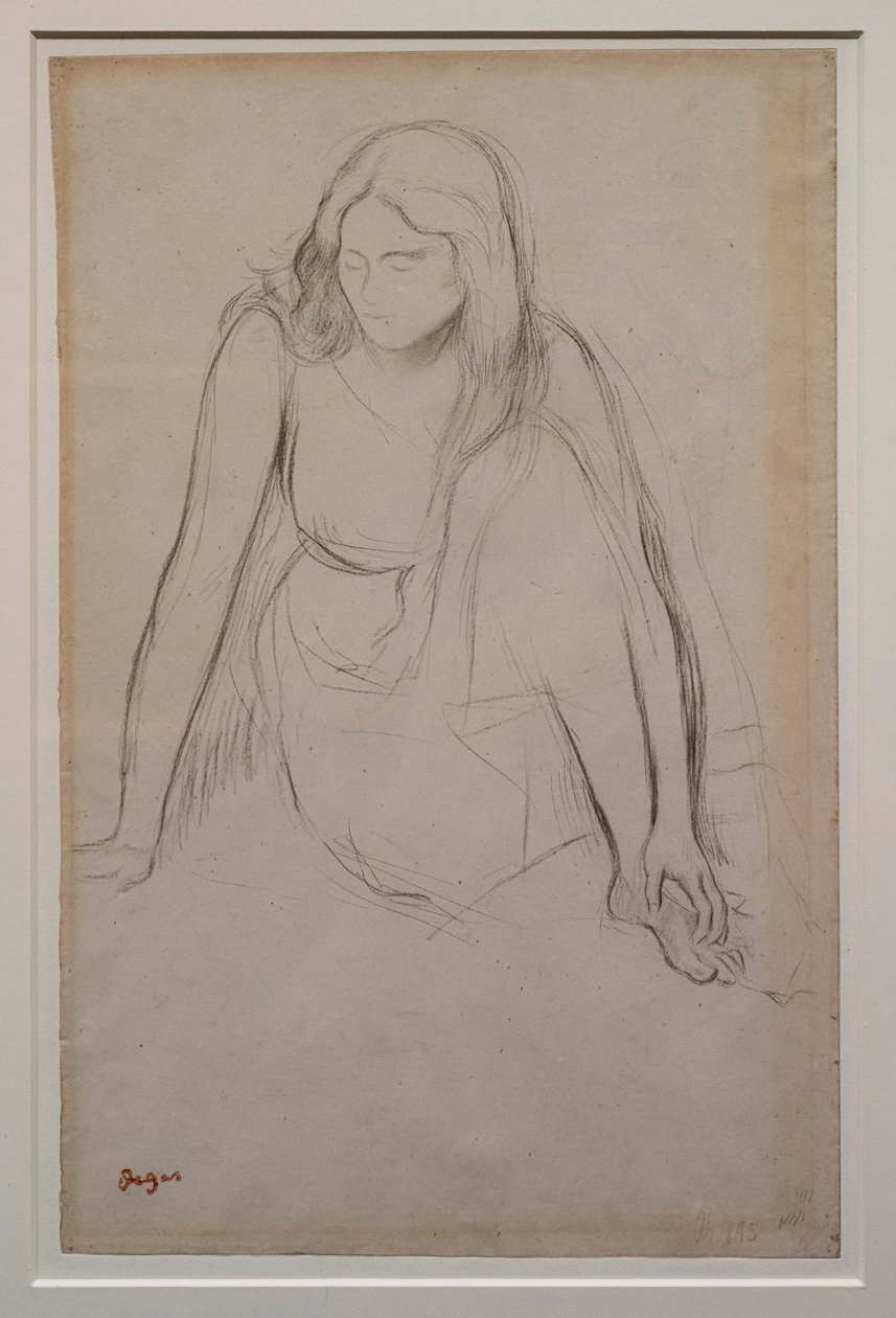 Frau, die am Wasser sitzt. Um 1867-1868. Schwarzer Bleistift auf Velinpapier. von Edgar Degas